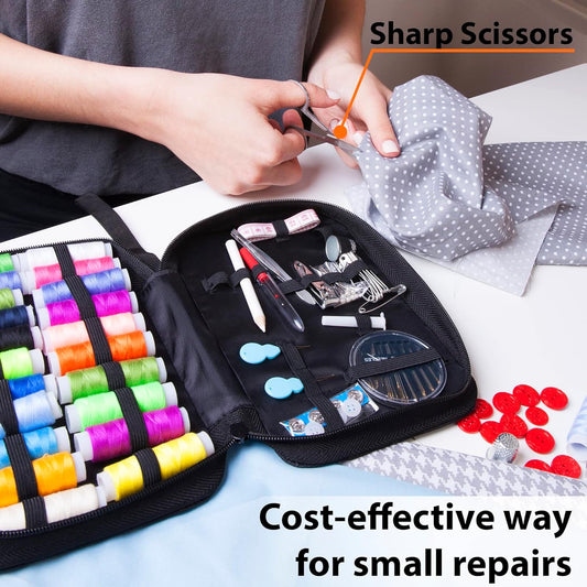 Sewing Kit with Case Portable Sewing Supplies for Home Traveler, Adults, Beginner, Emergency, Kids Contains Thread, Scissors, Needles, Measure, Black