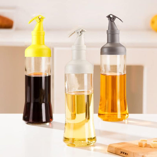 Yugefom Oil and Vinegar Dispenser, Modern Olive Oil Dispenser, Wide Opening for Easy Refill and Cleaning, Clear Glass Oil Bottle, Pouring Spouts, (SHAPE 1, GREY)