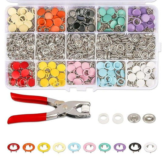 Grommet Eyelet Pliers Kit, Metal Eyelets with Washers in Gold/Silver, Portable Eyelet Grommet Hand Press 1/4 Inch 6mm Grommet Tool Kit for Leather/Belt/Shoes/Cloths