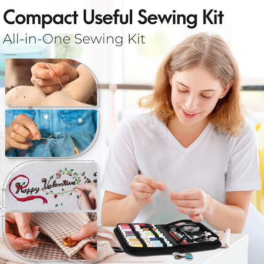 Sewing Kit with Case Portable Sewing Supplies for Home Traveler, Adults, Beginner, Emergency, Kids Contains Thread, Scissors, Needles, Measure, Black